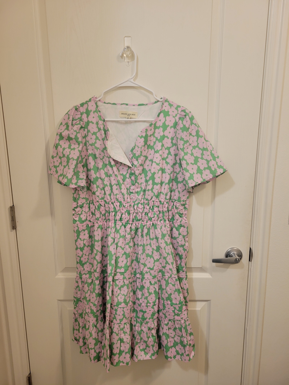 Green Floral Casual Tiered Dress with Pink Bloom Print
